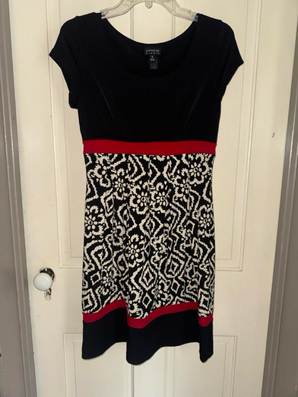 Enfocus Studio Black, Cream & Red Fit-and-Flare Midi Dress